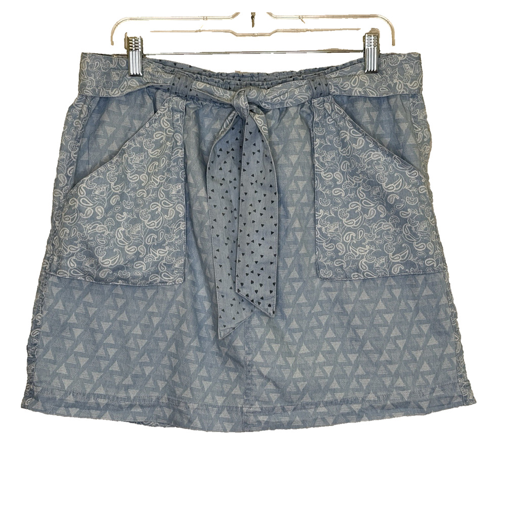 Matilda Jane Mini Chambray Skirt Womens Sz Large Blue Mixed Print Belted Pockets